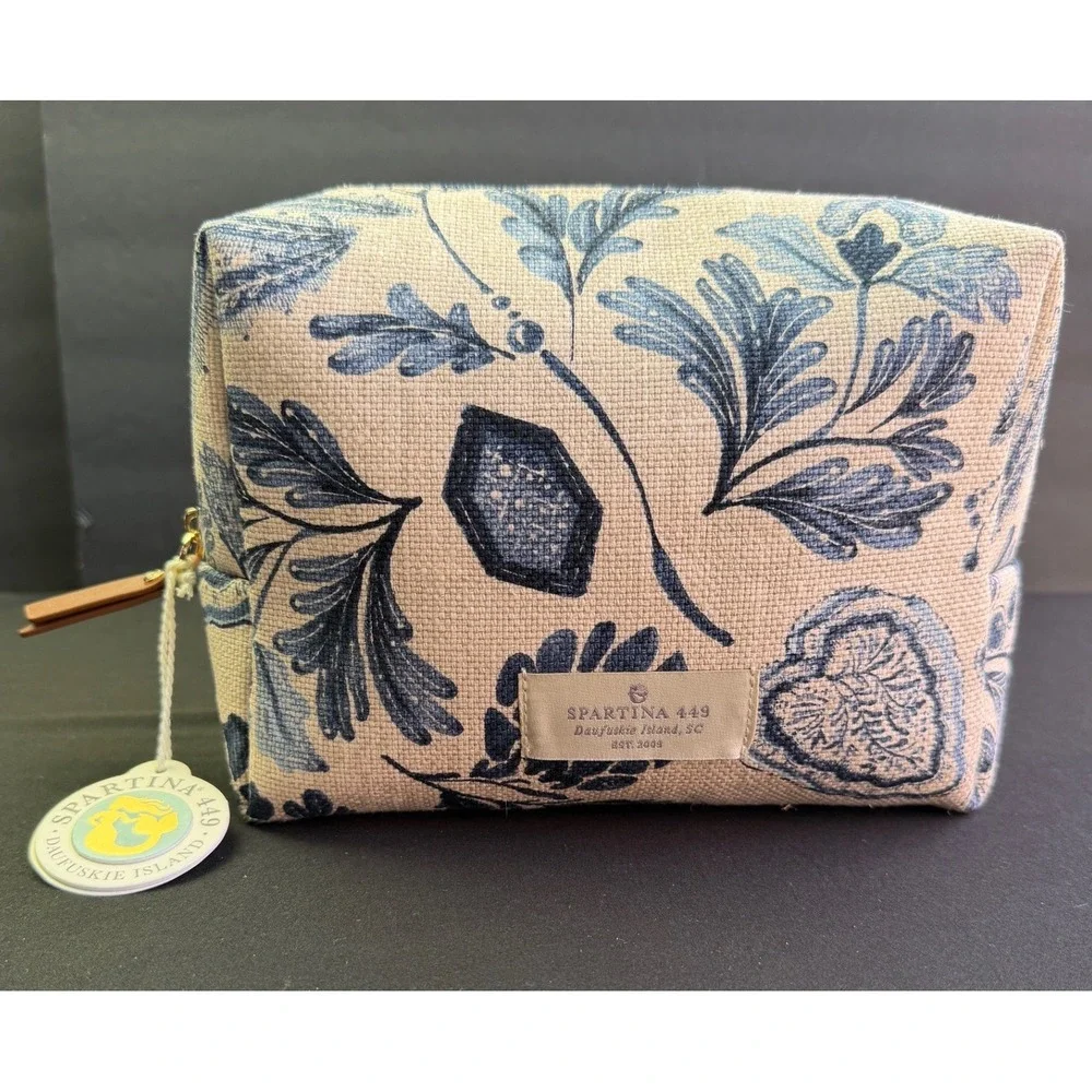 Spartina 449 Floral Linen Cosmetic Bag Blue Cream Toile Makeup Pouch Travel Case
